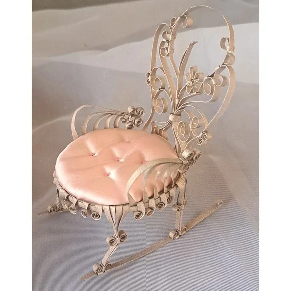 Folk Art Chair Soda Pop Tin Can Pin Cushion Scroll Quill Work Doll Chair - Picture 8 of 8